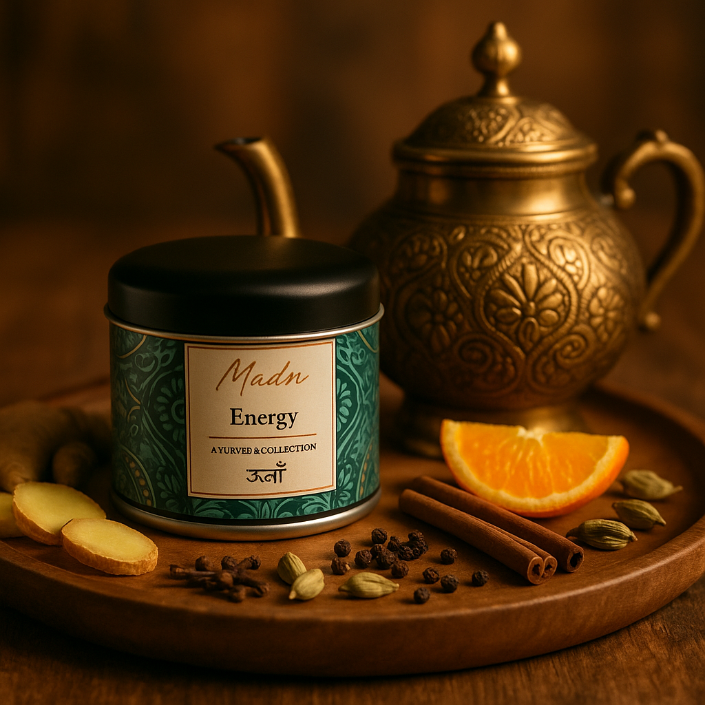 A serene Ayurvedic-inspired lifestyle photograph featuring the Madn Energy Ayurveda Collection tea tin, centered as the main focus. The tin is surrounded by natural elements — a traditional Indian brass teapot, dried ginger, cinnamon sticks, cardamom pods, and warm golden lighting — evoking vitality, warmth, and balance through Ayurvedic energy and tradition.